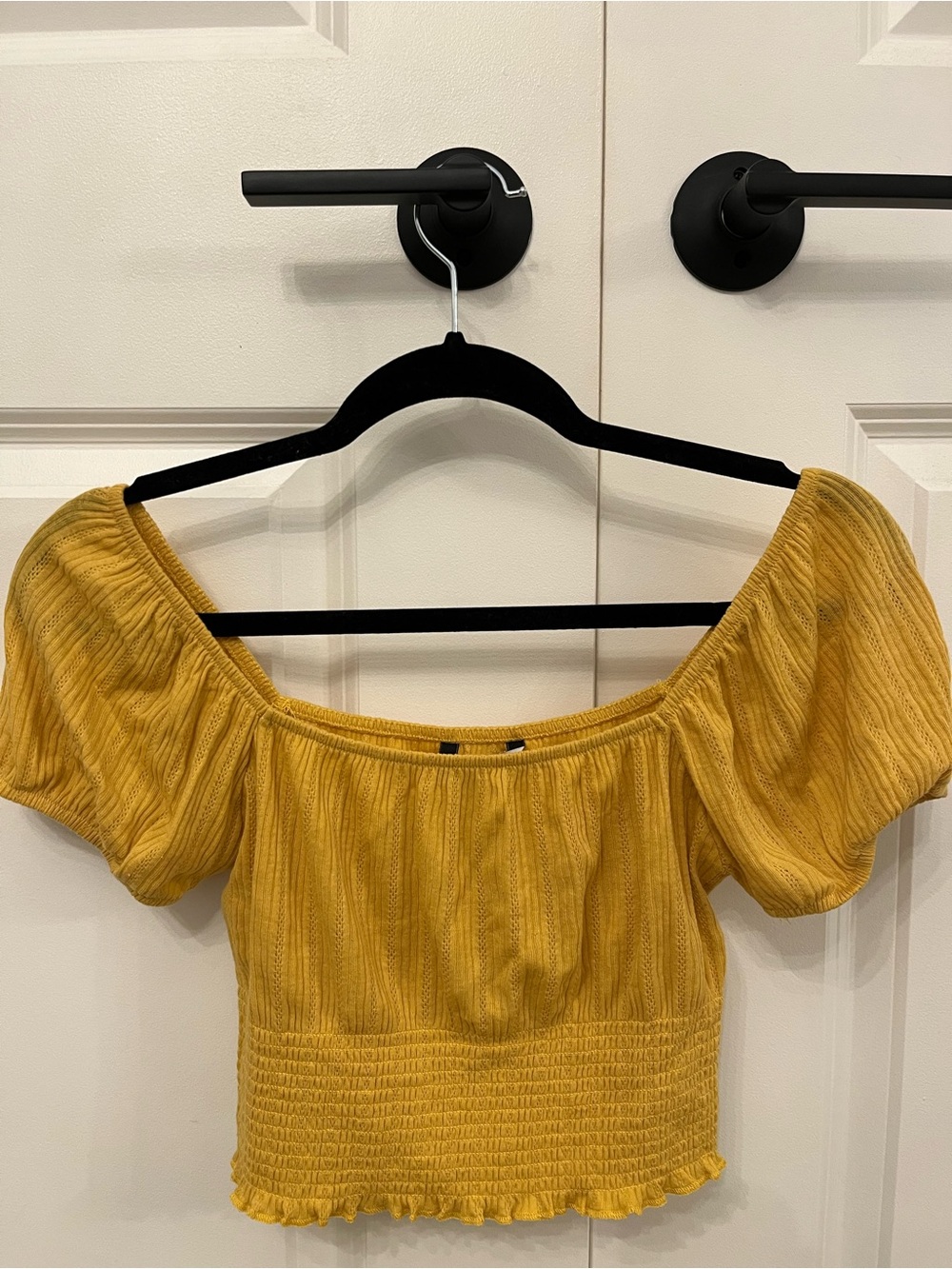 O'Neill Mustard Yellow Off-Shoulder Smocked Crop Top